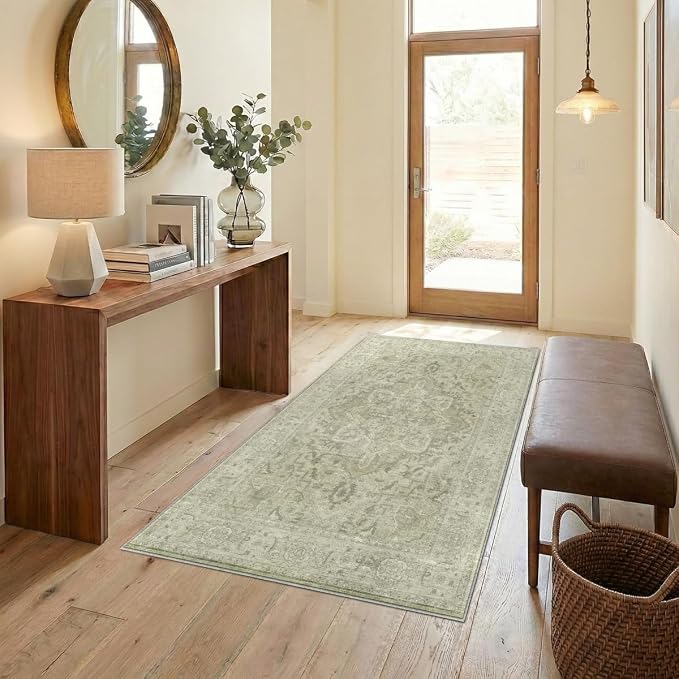 Homemate Washable Rug 3x5 Area Rugs - Vintage Faux Wool Rugs for Living Room Bedroom Dining Room - Non Slip Foldable Carpet Indoor Area Rug for Home Decor(3'x5', Green