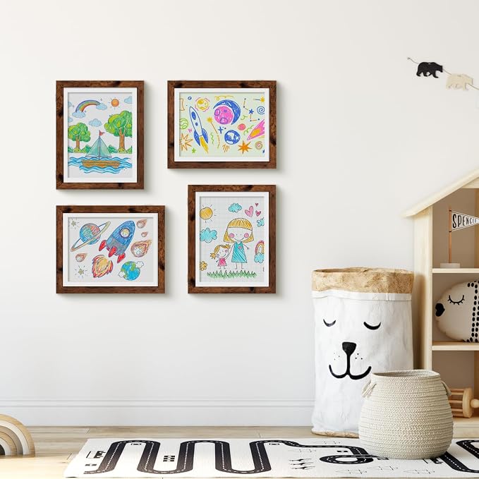 Kids Art Frames 8.5x11 - Front Opening Childrens Picture Frame Changeable, Wood Artwork Display Storage for Wall Mount, Magnetic Door Holds 50 Art Pieces for Drawings, 3D Picture, Crafts, Portfolio, Dark Brown