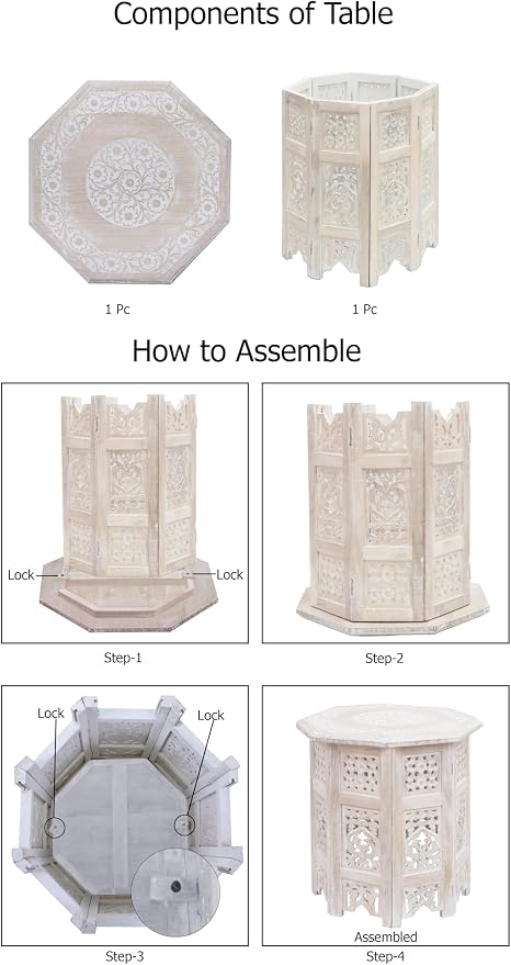 COTTON CRAFT Solid Wood End Table - Hand Carved Vintage Boho Folding Side Table - Small Spaces Entryway Accent Table - Farmhouse Living Room Bedside - No Tools Assembly - 18x18 Octagon - White Wash