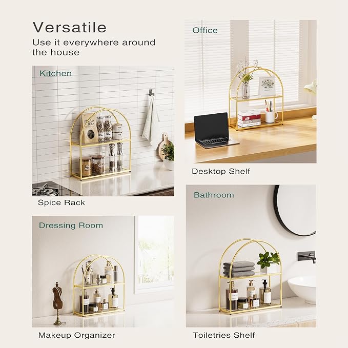 Crofy 2-Tier Arched Wall Shelf with Gold Frame & Transparent Shelves | Sturdy Tempered Clear Glass Shelves with Ample Storage Space; Decor for Living Room, Bath, Kitchen, Vanity & Home Office