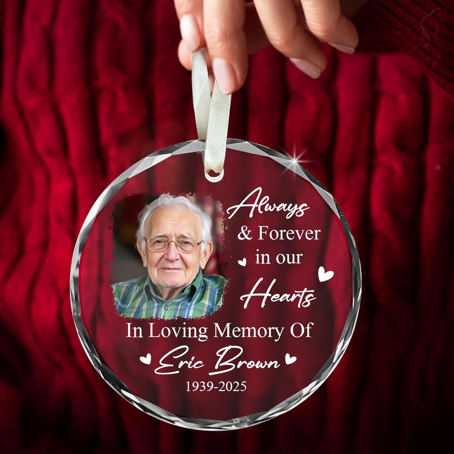 Personalized Memorial Ornament with Photo โ Custom Glass Suncatcher for Loss of Loved One โ Always & Forever in Our Hearts Rainbow Hanging Crystal โ in Loving Memory