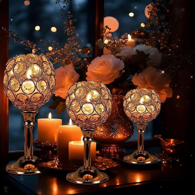 Candle Holder Candlestick Holders- 3Set Gold Crystal Pillar Candle Holders,Metal Candlestick Stands for Wedding Centerpieces,Table Decor for Church,Valentine's Day Housewarming Gift,9Pcs