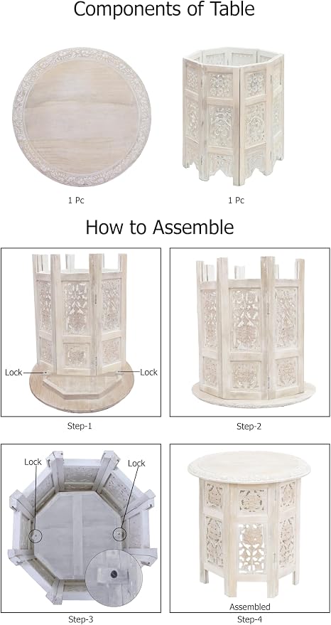 COTTON CRAFT Solid Wood End Table - Hand Carved Vintage Boho Folding Accent Side Table - Small Spaces - Entryway Farmhouse Living Room Bedside - No Tools Assembly - 18x18 Round - White Wash