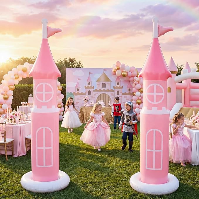 2 Pack 6.2 ft Birthday Party Decorations, Castle Inflatable Stand Castle Blow up Yard Decorations for Garden Indoor Outdoor Party Supplies(Pink, Princess)