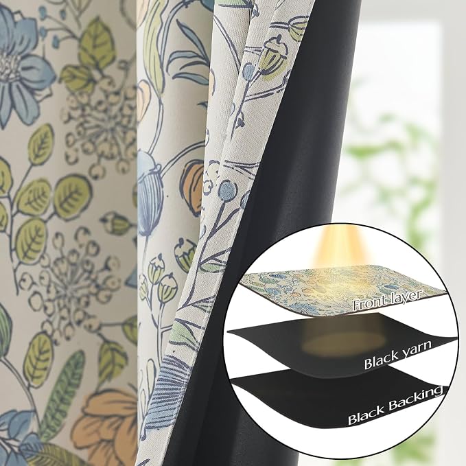 Vangao Blue Nursery Curtains for Kids Room Floral Blackout Curtains 84 Inch Length Farmhouse Drapes for Bedroom Room Darkening Flower Patterned Window Treatment for Kids Set of 2