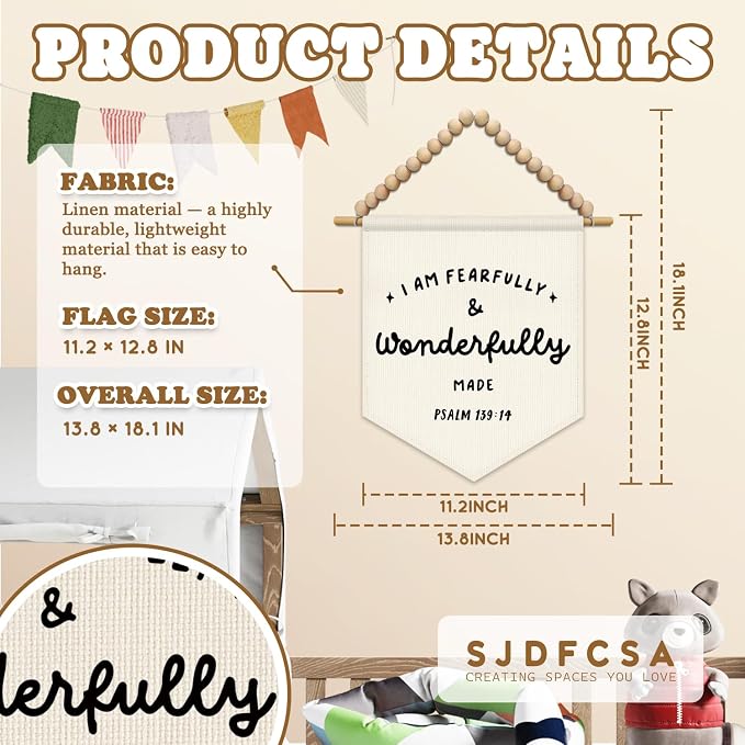 SJDFCSA Christian Nursery Wall Art Decor, Kids Room Decor, I Am Fearfully and Wonderfully Made Bible Verse Boho Wall Hanging Display Pennant Flag for Kids Boy Girl Nursery Room Bedroom Playroom