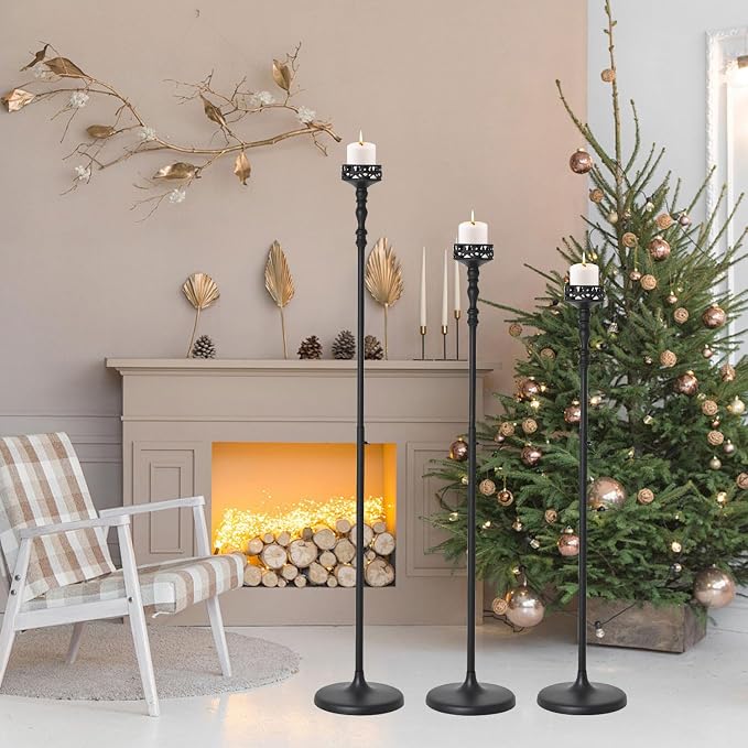 Metal Candlestick Floor Pillar Candleholder Tall Metal Candelabra Candlesticks Holder Black Floor Candle Holder Centerpieces for Wedding Thanksgiving Christmas Home Mantel Decor(9 Pcs)