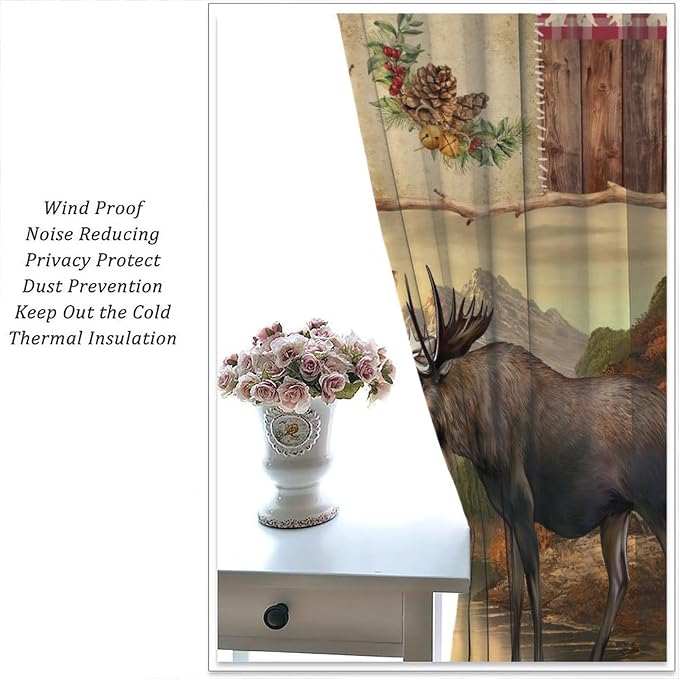 Vintage Hunting Deer Blackout Curtains Farmhouse Rural Natural Patchwork Forest Hunting Cabin Plaid Pine Cone Elk Animal Windows Treatments Rod Pocket for Kitchen Living Room Bedroom 72x63in