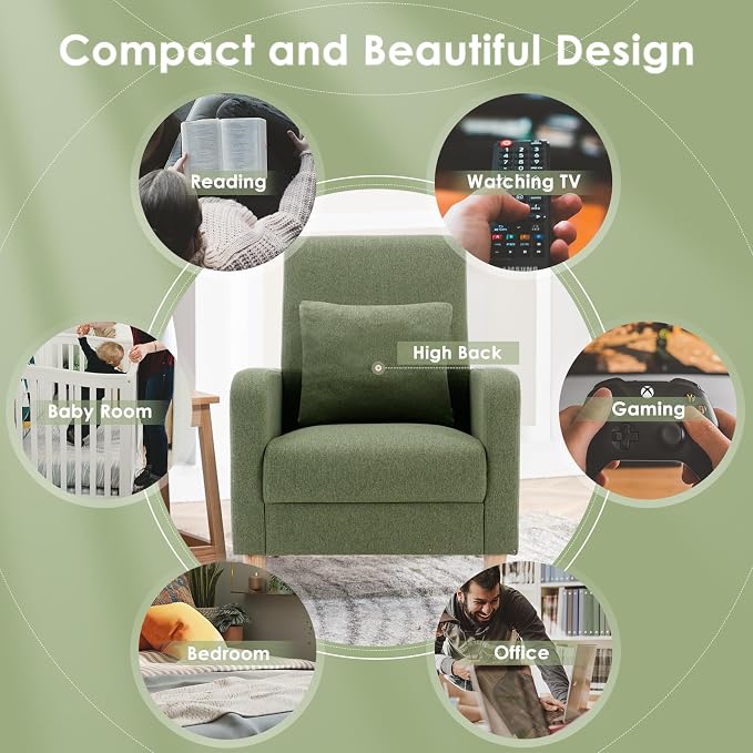 COLAMY Mid-Century Modern Accent Chairs Set of 2, Fabric Upholstered Living Room Chairs with Back Pillow & Solid Wood Legs, Comfy Armchair for Living Room, Bedroom, Single Sofa, Green