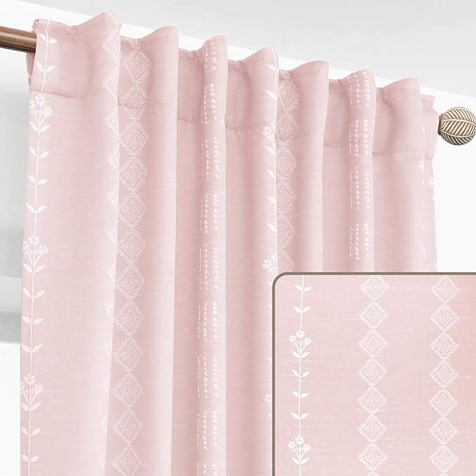 Lino Rosa Light Pink Striped Curtains for Girls Room, Semi Blackout Nursery Curtains Baby Girl, Short Boho Cute Curtains for Bedroom