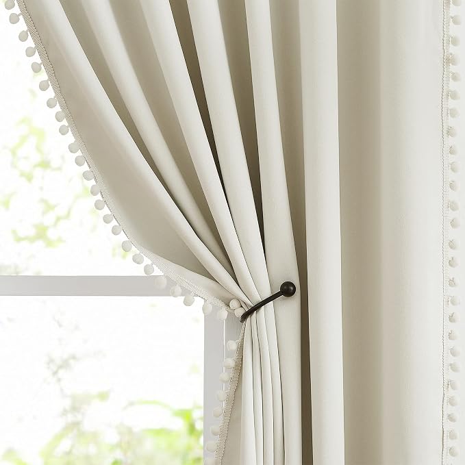 Treatmentex Pom Pom Curtains for Bedroom Windows 90 inch Energy Efficient Thermal Insulated Living Room Darkening Curtain Panels for Kitchen Nursery Room Ivory 52" w x2 Panels Rod Pocket