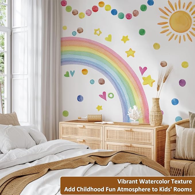 Large Sunshine Nursery Decor, Smile Sun and Color Bloom Wall Decal for Playroom, Classroom and Party, Watercolor Dreamscape