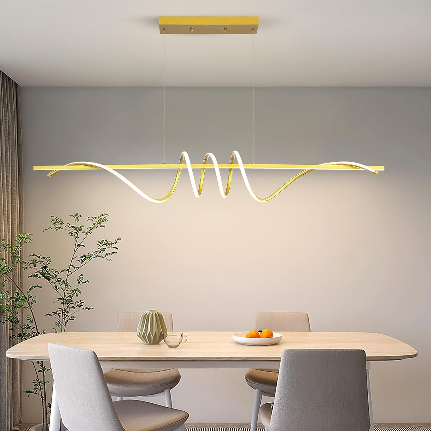 Modern Design Dimmable Desk Linear Pendant Light, with Remote Control Dimmable 3 Color Mode & Brightness Ceiling Lamp, Anti-Flicker Dining Light Fixture for Kitchen, Dining Room (Gold, 57IN)