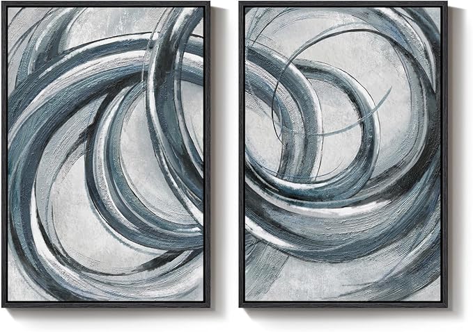 Framed Blue Gray Abstract Wall Art Set of 2, Modern Circle Line Canvas Artwork for Walls, Contemporary Abstract Paintings Prints for Living Room Bedroom Office Hallway Wall Decor, 24x36 In