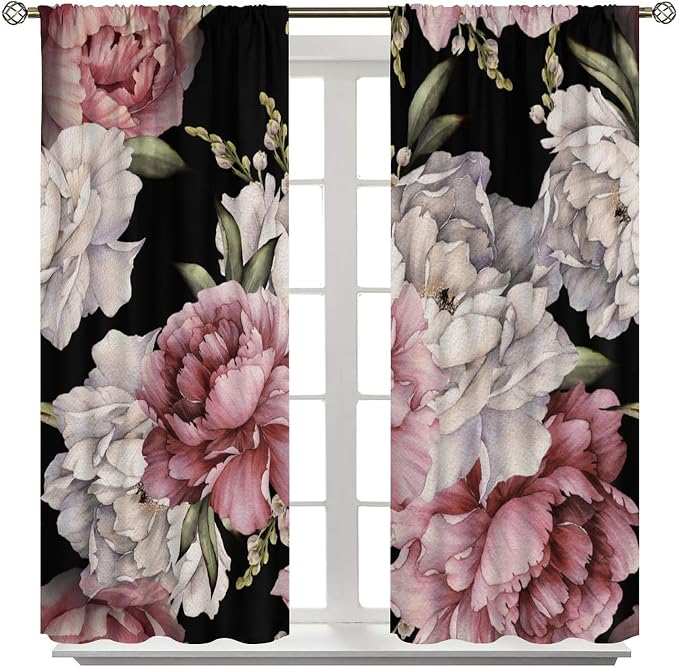 Black Boho Floral Curtain Vintage Watercolor Rose Peony Retro Pink Blossom Flowers Rustic Spring Lea for Home Kitchen Livingroom Coffee Room Curtains Drapes 2 Panels 63x72in, Style-3