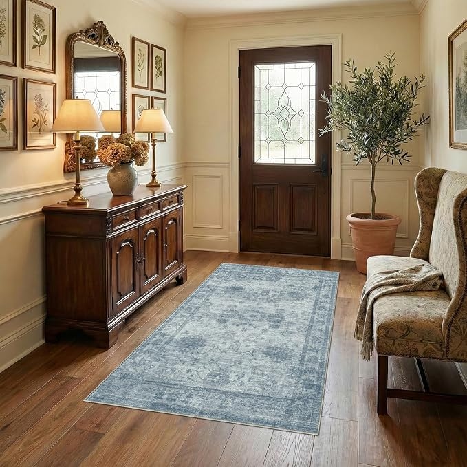 Homemate Washable Rug 4x6 Area Rugs - Vintage Faux Wool Rugs for Living Room Bedroom Dining Room - Non Slip Foldable Carpet Indoor Area Rug for Home Decor(4'x6', Blue
