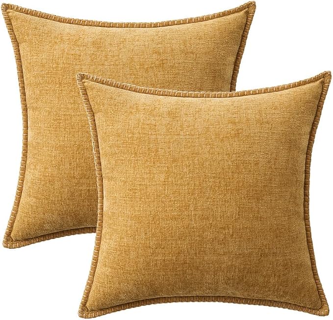 MIULEE Pack of 2 Summer Throw Pillow Covers 18x18 Inch Gold Mustard Yellow Farmhouse Decorative Pillow Covers with Stitched Edge Soft Chenille Solid Dyed Pillow Covers for Couch Sofa Bed Living Room