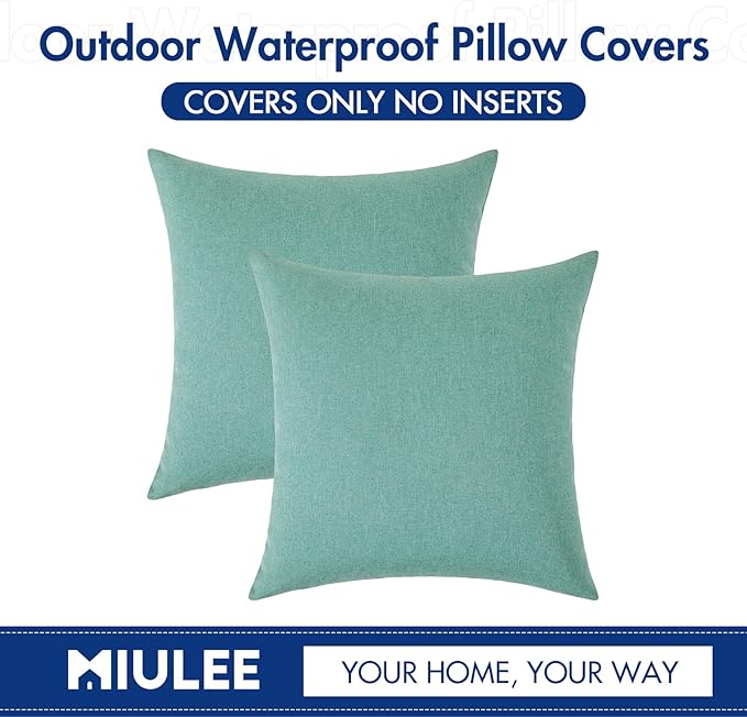 MIULEE Pack of 2 Decorative Outdoor Solid Waterproof Throw Pillow Covers Spring Euro Sham Faux Linen Garden Farmhouse Cushion Cases for Summer Patio Tent Balcony Couch Sofa 22x22 Inch Teal