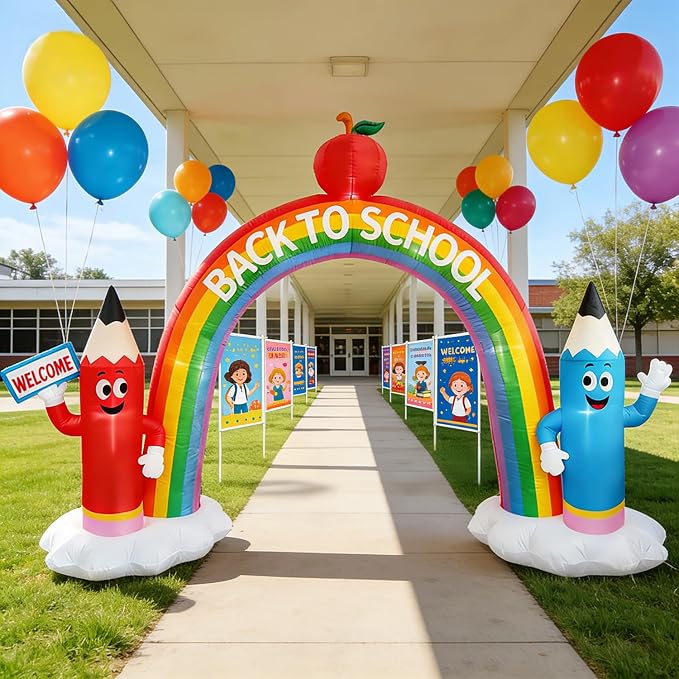 DomKom 12FT Long Back to School Inflatable Arch Featuring Open Book, Colorful Pencils Apple Decor, Ideal for 2026 First Day of School Kindergarten Graduation, Blow-up Crayon Archway for Yard Decor