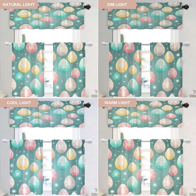 Shrahala Easter Eggs Stars Blackout Curtain Tiers, Colorful Easter Egg Pattern Kitchen Valance Light Blocking Tier Drapes with Rod Pocket, 2 Pack 26 X 36 in