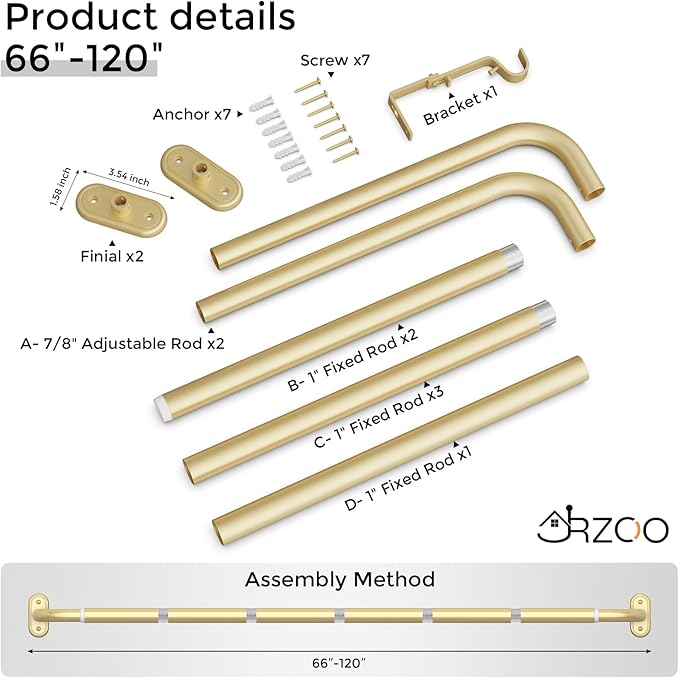 Wrap Around Curtain Rods Gold, Blackout Heavy Duty Curtain Pole for Windows 66 to 120 Inch, 1" Decorative Room Darkening Curved Modern Drapery Rod (Gold/Unique Design/All Metal)