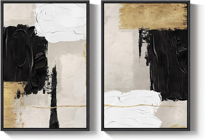 Framed Black and White Abstract Wall Art for Living Room, Set of 2 Gold Modern Minimalist Canvas Artwork for Walls, Large Black White and Gold Luxury Prints Wall Decor for Bedroom Hallway, 24x36 Inch