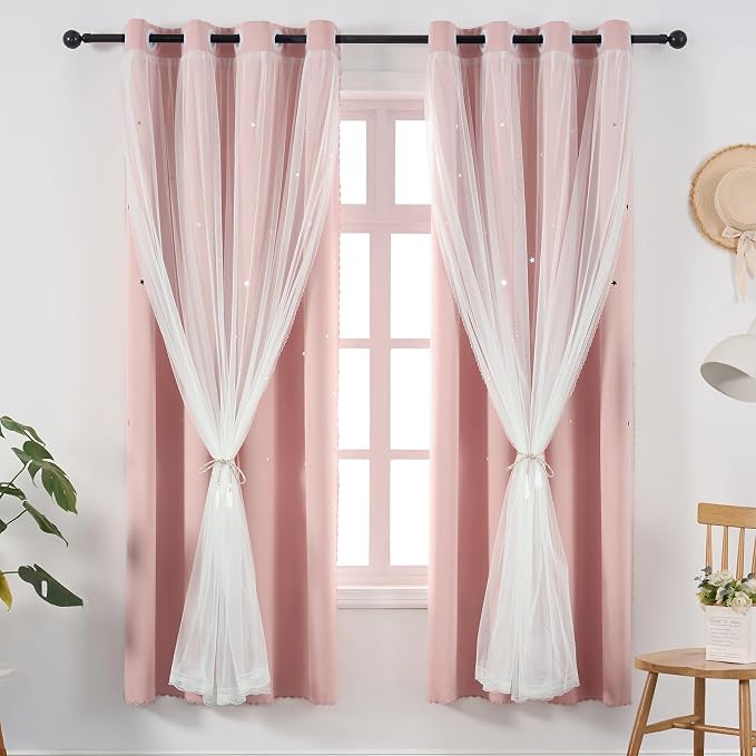 Light Pink Curtains for Girls Room Blackout 63 Inches Long Cute Star Cutout | Nursery Double Layer Curtains & Drapes Tulle Lace 2 Panel Thermal Insulate Bedroom Darkening Window Treatments Cortinas Blush
