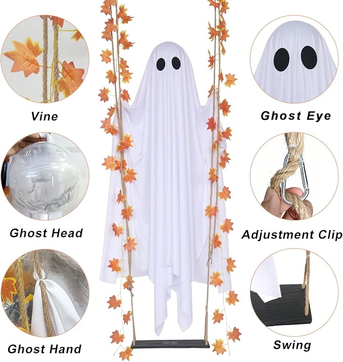 Hanging Swinging Ghost Halloween Decor - Outdoor Halloween Decorations with Ghost on A Swing for Outside Garden Yard Porch Tree, 4.4 FT Large Spooky Cute Ghosts with String Lights for Indoor Party