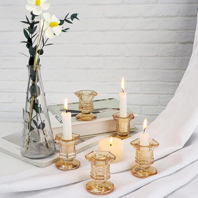 Lanttu 12 Pcs Gold Glass Candle Holders Set Candlestick Holders Bulk | Taper Candle Holders for Wedding, Festival Table Centerpiece,Home Decoration