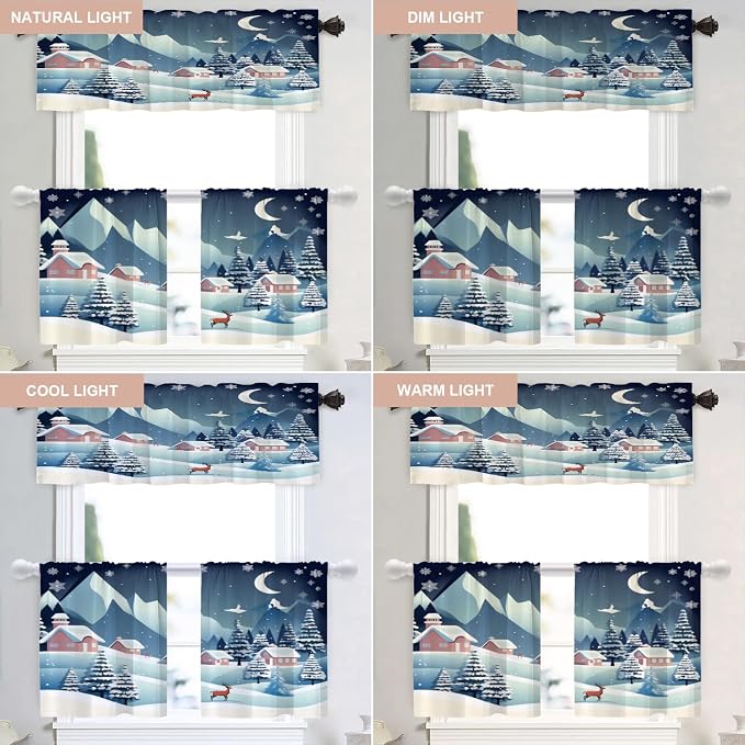 Shrahala Winter Snow Landscape Blackout Curtain Tiers, Snowy Tree Fields Houses Hills Kitchen Valance Light Blocking Tier Drapes with Rod Pocket, 2 Pack 26 X 24 in