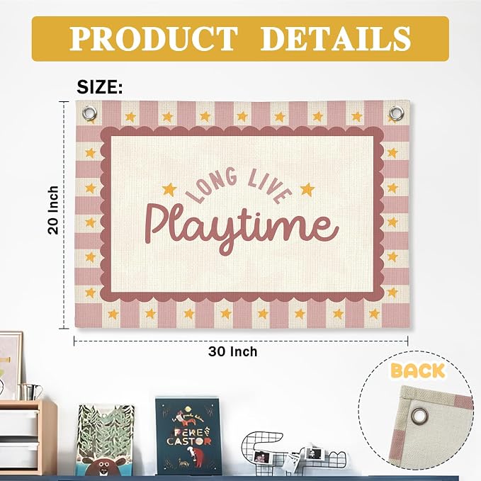 Playroom Wall Decor,Long Live Playtime Linen Canvas Banner,Pink Toddler Playroom Decor Kids Room Nursery with Star Pattern Wall Decor for Toddler Girls Toy Room Bedroom,30x20 Inch