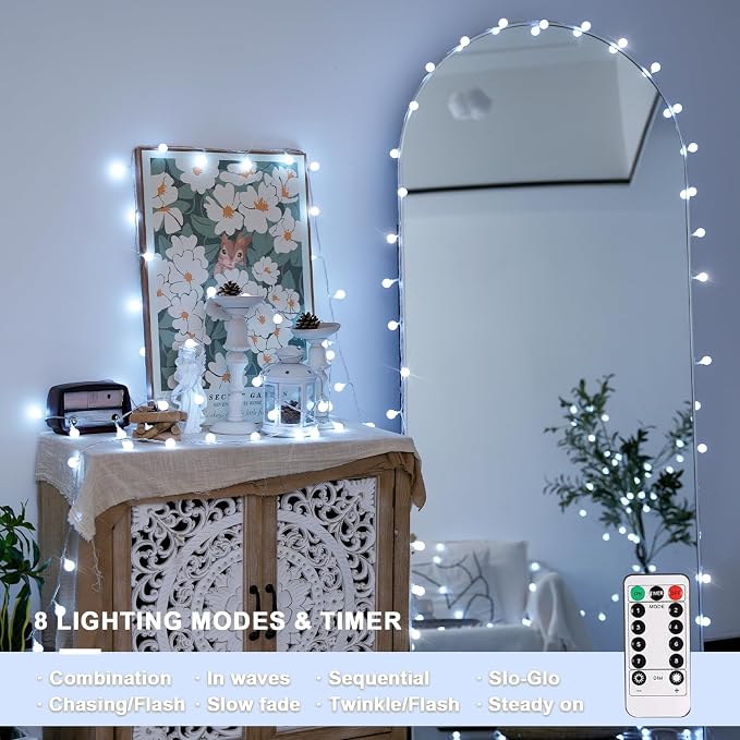 JMEXSUSS 33FT 100 LED Globe White String Lights Battery Operated | Fairy Lights Indoor Outdoor Waterproof Battery Powered String Lights with Remote for Wedding Bedroom Classroom Camping Decor