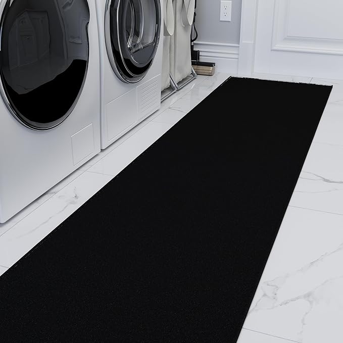 Ottomanson Aisle Runner Rug – Non-Slip Low Pile Carpet Runner for Long Hallways & Corridors, Stain Resistant & Easy to Clean, Solid Black, 1'10.5" x 20'