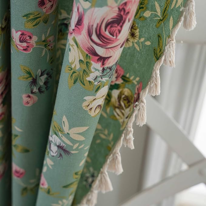 OYX Floral 84 Inch Curtains for Living Room Green Drapes Bedroom Semi Sheer Rod Pocket Floor Length Window Curtains 2 Panel Sets Boho Farmhouse Vintage Light Filtering Window Treatments