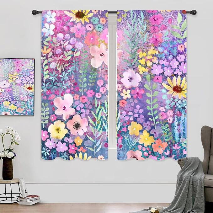Riyidecor Purple Floral Curtains Rustic Boho Cute Wildflower Watercolor Plant Leaves Botanical Flower Spring Nature Rod Pocket Modern Bedroom Living Room Treatment Fabric 2 Panels 42Wx63H Inch