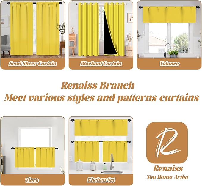 Renaiss 42 x 63 Inch Yellow Nursery Bedroom Window Curtains Girls Baby Room Thermal Insulated Noise Reduction Light Filtering Curtains Linen Texture Rod Pocket Back Tab Spring Window Drape 2 Panels