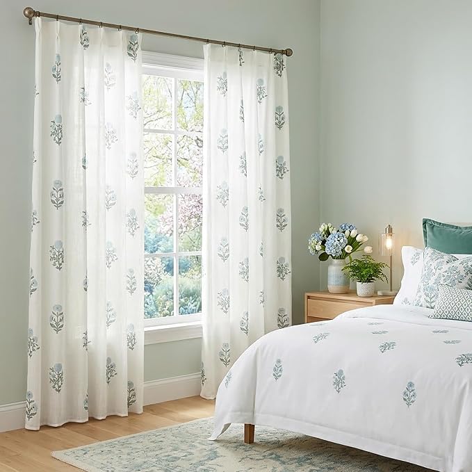 Pinch Pleated Floral Linen Curtains 96 Inch Long 2 Panel Set, Vintage Block Print Blue and Green Patterned Light Filtering Sheer Drapes, Farmhouse Cottage Core Window Curtain for Living Room Bedroom