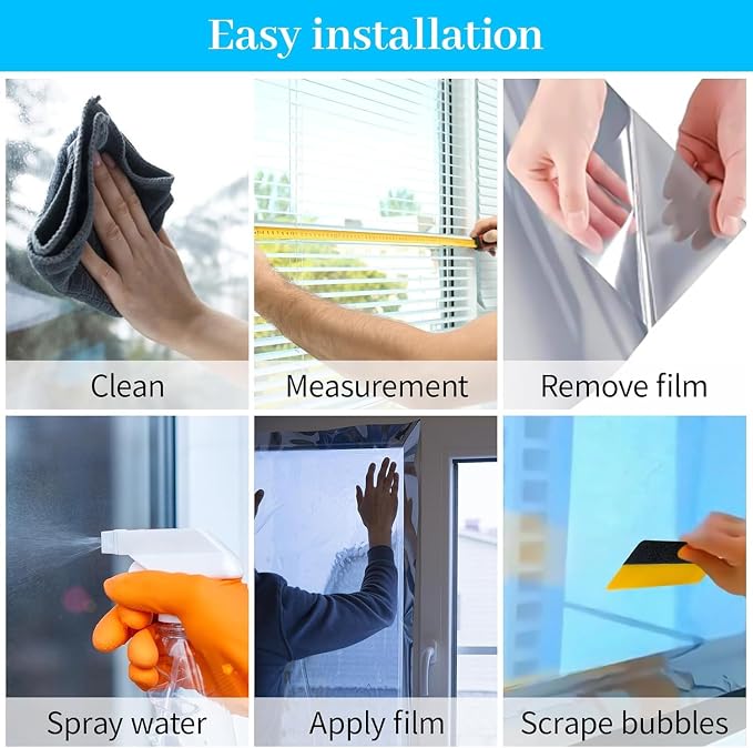 One Way Privacy Window Film 36" x 118" with Installation Tools, Silver Mirror Window Tint See Out Not in, Daytime Privacy in Sunny Conditions, Heat Control UV Blocking for Home Office