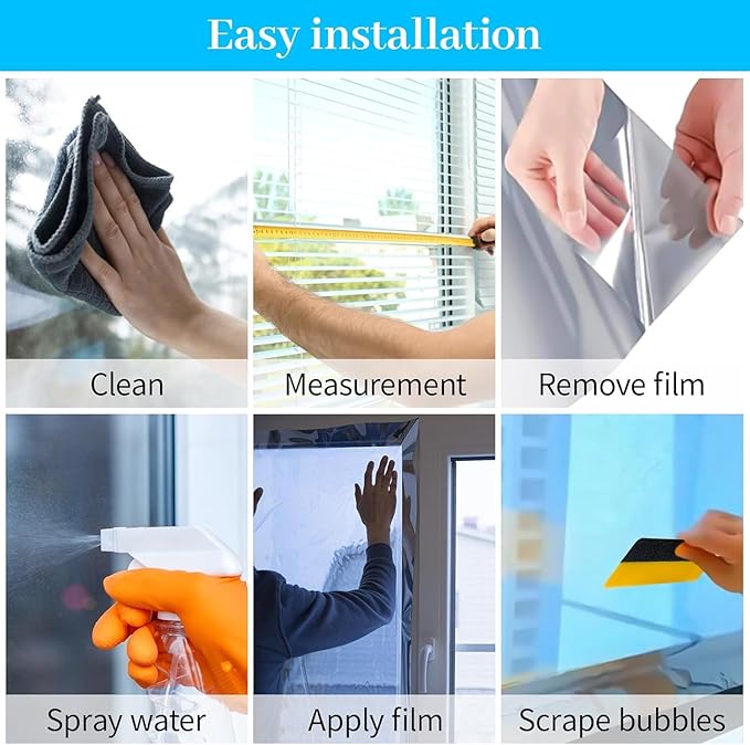 One Way Privacy Window Film 24" x 39.4" with Installation Tools, Silver Mirror Window Tint See Out Not in, Daytime Privacy in Sunny Conditions, Heat Control UV Blocking for Home Office