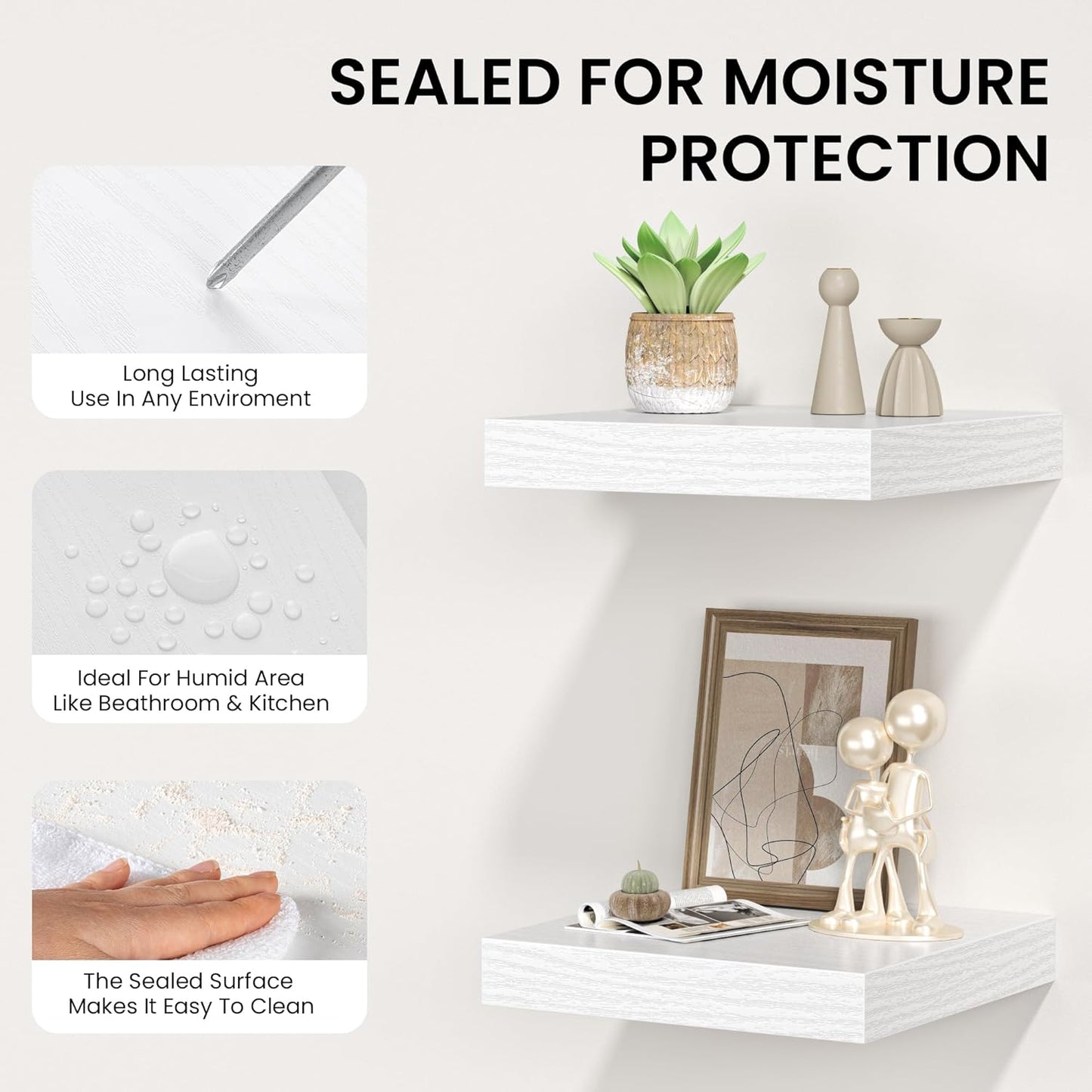 Square Floating Shelves for Wall, 12" W x 12" D x 1.2" H, Small Wooden Wall Mounted Display Shelves with Invisible Brackets for Living Room, Bedroom, Bathroom, Kitchen Decor, Set of 3, White