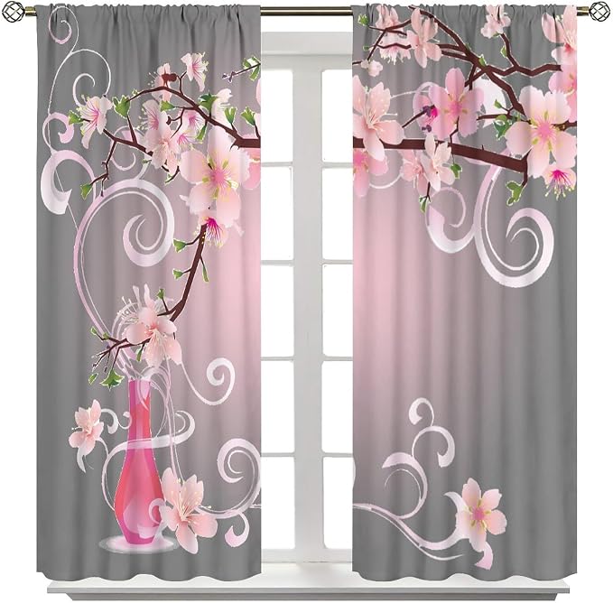 Cherry Blossom Curtains,Pink Flower Japanese Floral Print Window Treatments for Bedroom Living Room Kitchen Polyester Fabric Window Drapes 2 Panels Set,Total Size 72 x 63 Inch