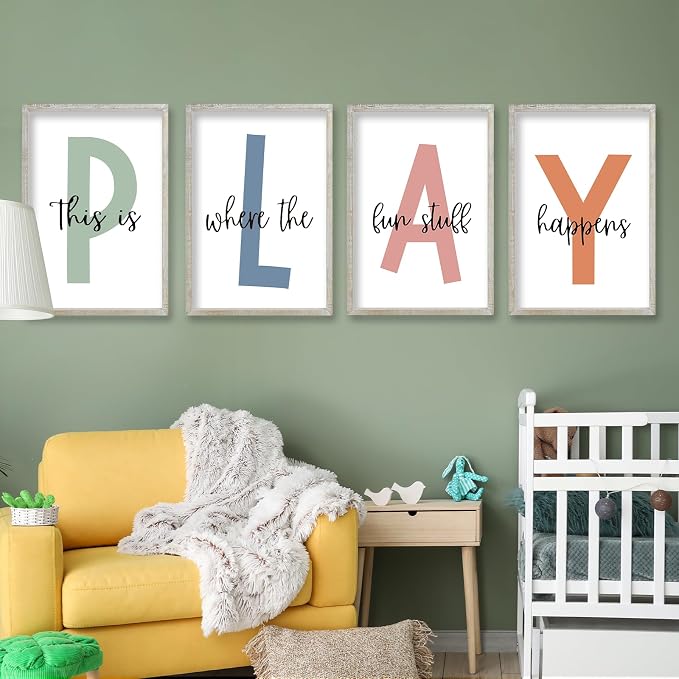 This Is Where The Fun Stuff Happens Kids Playroom Wall Art 11x16 Inch Set Of 4 Rustic Kids Wood Framed Boy Sign Toddler Modren Nursery Interesting Let's Play Prints Wall Hang Decor (White)