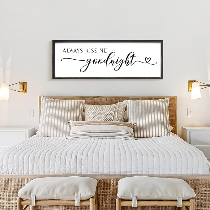Always Kiss Me Goodnight Wall Sign 42''×15'' Large Above Bed Wall Decor Bedroom Sign Bedroom Decor with Solid Wood Framed, Couples Love Theme Wall Decor (Black)