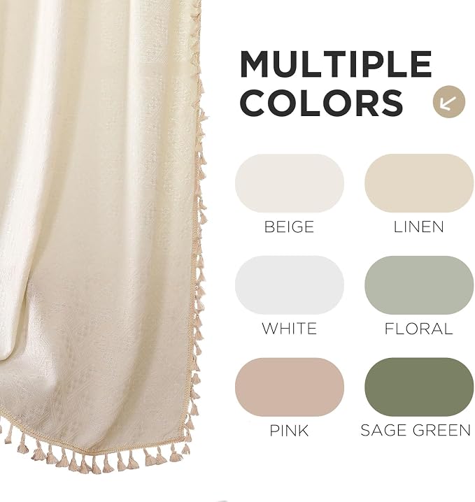 Joydeco Beige Boho Curtains 96 Inches Long 2 Panels, Super Soft Bohemian Farmhouse Curtains with Tassels, Semi Sheer Light Filtering Drapes for Bedroom Living Room (Rod Pocket, 52Wx96L)
