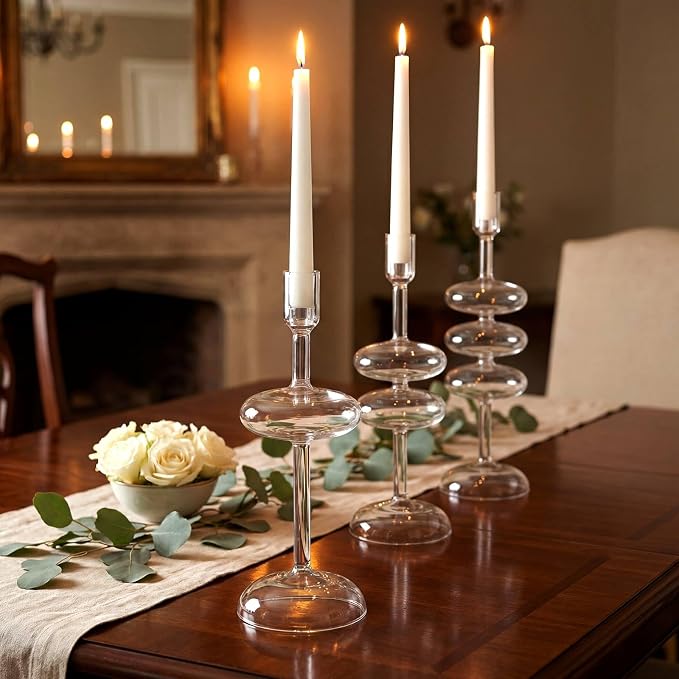LemonRoad Glass Taper Candle Holders Set of 3, Bubble Candlestick Holders for Table Centerpiece, Elegant Wavy Stacked Geometric Candleholders for Wedding, Dinner, Party, Home Decor(Clear)