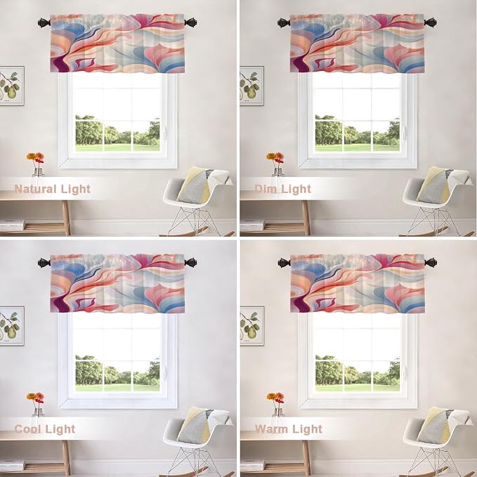 Shrahala Colorful Waves Blackout Short Curtains for Windows, Fluid Abstract Pattern Kitchen Valance Thermal Insulated Rod Pocket Window Treatment for Bathroom 52 X 18 in