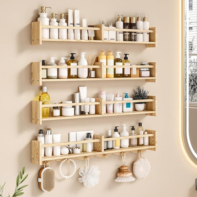 34Inch Nursery Bookshelves,Set of 4,Wall Floating Shelf Kids Coat Rack with 6Hooks,Hanging Book Shelf for Baby Nursery Room Décor, Patent Number: 29958098(Burlywood, 34)
