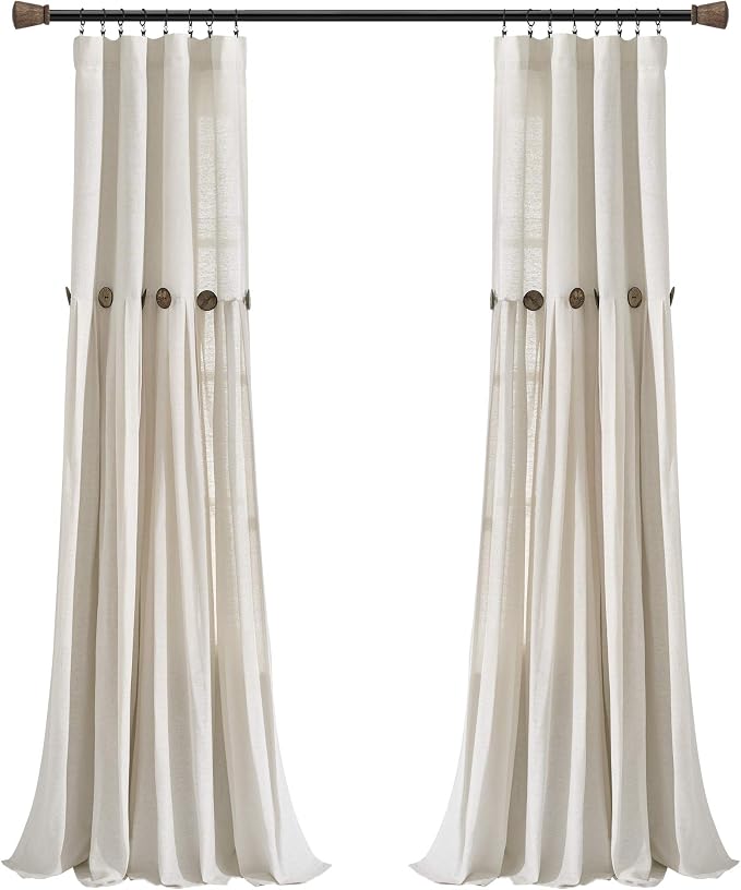 Lush Decor Linen Button Window Curtain Panel, Single, 40" W x 84" L, Off White - Rustic Decor - Color Block Modern Farmhouse Curtains For Living Room, Bedroom & Dining Room