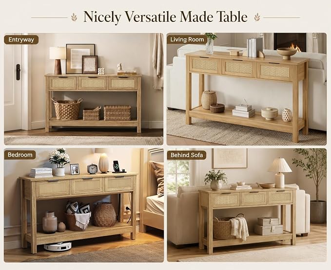 Luoxiao Rattan Console Table 3-Drawer 47" Narrow Wood Entryway Sofa Table | Trendy Boho Hallway Foyer Storage, Open Shelf, Sturdy Entry Table for Living Room, Couch, Easy Assembly, Anti-Tip, Natural
