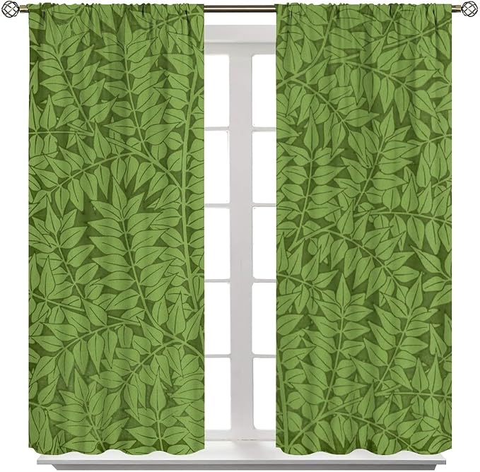 Bohemia Retro William Morris Art Blackout Window Curtains, Flowers Foliage on Green Background Curtains, for Living Room Bedroom 36(W)*63(L) 2 Panels